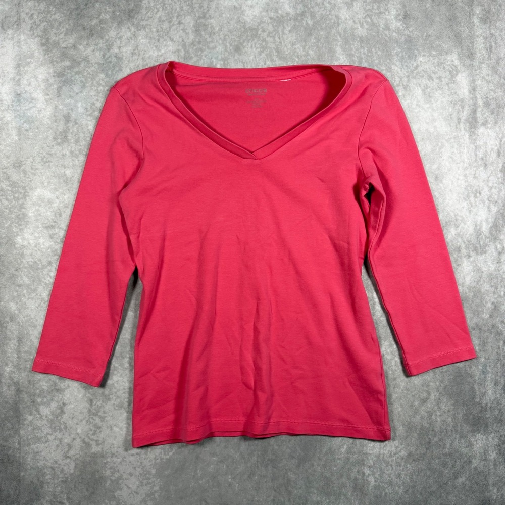Chicos True Color Tee Womens 0 Pink V-Neck 3/4 Sleeve Cotton Stretch Shirt Chic